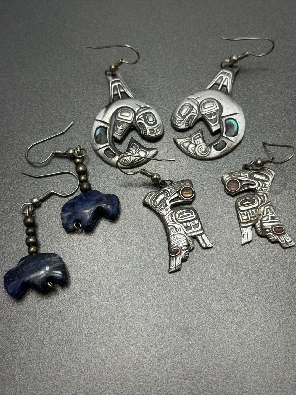 Pewter and Stone  First Nations Animal Earrings - Blue and Silver